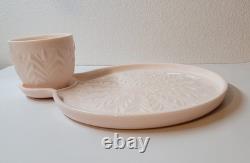 Vintage Pink Milk Glass Jeanette Feather 7 Snack Set Cups and plates 14 pieces