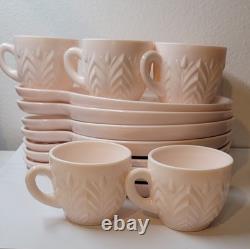 Vintage Pink Milk Glass Jeanette Feather 7 Snack Set Cups and plates 14 pieces