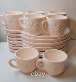 Vintage Pink Milk Glass Jeanette Feather 7 Snack Set Cups and plates 14 pieces