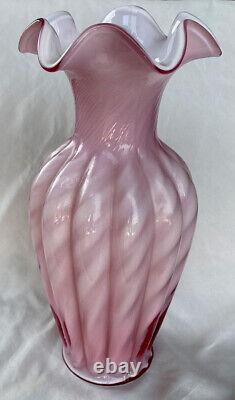 Vintage Pink White Fenton Milk Glass Swirl Tall Vase Ruffle 11 Inch