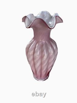 Vintage Pink White Fenton Milk Glass Swirl Tall Vase Ruffle 11 Inch