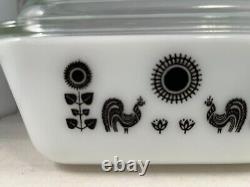 Vintage Pyrex 1958 Rooster Black and Sunflower Space Saver #575 2qt. With Lid