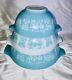 Vintage Pyrex Amish Butterprint Cinderella 3 Bowl Set Turquoise & White Euc