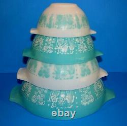 Vintage Pyrex AMISH BUTTERPRINT Cinderella 4 Bowl Set Turquoise & White