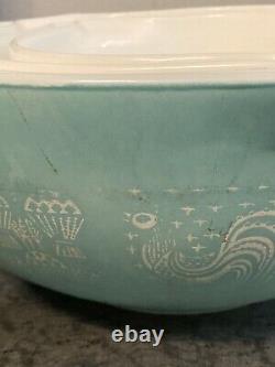 Vintage Pyrex AMISH BUTTERPRINT Cinderella Handled 4 Bowl Set -Turquoise & White