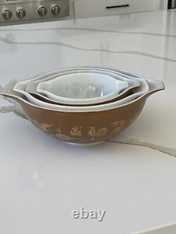 Vintage Pyrex Americana Cinderella Mixing Bowls Set of 4 Brown White Gold Emboss