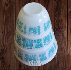Vintage Pyrex Amish Butter Print Mixing Bowls 401 402 & 403 Turquoise on White