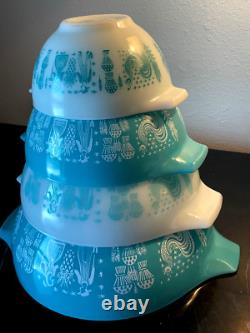 Vintage Pyrex Amish Butterprint Cinderella Mixing Bowls Turquoise/White 4pc Set