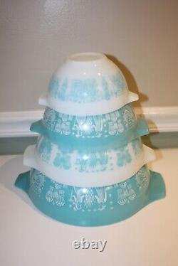 Vintage Pyrex Amish Butterprint Cinderella Mixing Bowls Turquoise/White Set of 4