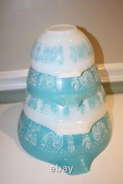 Vintage Pyrex Amish Butterprint Cinderella Mixing Bowls Turquoise/White Set of 4