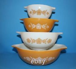 Vintage Pyrex BUTTERFLY GOLD Cinderella 4 Bowl Set Butterscotch & White