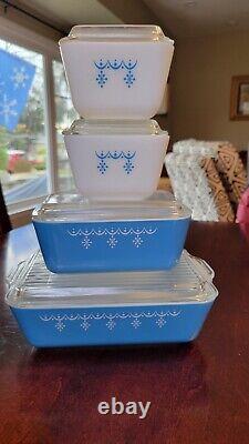 Vintage Pyrex Blue and White Snowflake Garland 8 pc. Set 501(2) 502 503 complete