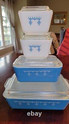 Vintage Pyrex Blue and White Snowflake Garland 8 pc. Set 501(2) 502 503 complete