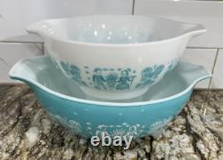 Vintage Pyrex Cinderella 2 Bowls 443 444 Turquoise White Amish Butterprint