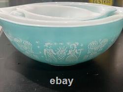 Vintage Pyrex Complete Set 4 Amish Butterprint Cinderella Mixing Bowls 441-444