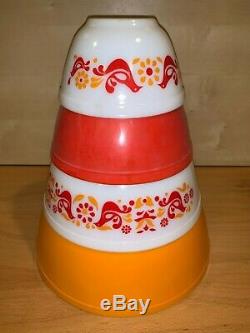 Vintage Pyrex Friendship Birds Nesting Mixing Bowls SET OF 4 Orange / Red