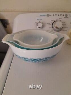 Vintage Pyrex Horizon Blue 441 442 443 White Blue Mixing Nesting Bowl Milk Glass