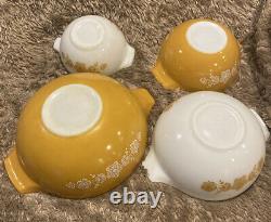 Vintage Pyrex Mixing Bowl Set White / Mustard Yellow 441 442 443 444 4-pcs EX+