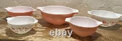Vintage Pyrex, Pink & White Gooseberry Cinderella 4 Nesting Bowls & One Extra