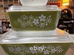 Vintage Pyrex Spring Blossom Crazy Daisy Green White Refrigerator Dish 8 Pc Set