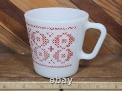 Vintage Pyrex Super Rare Cross Stitch Red Pattern Milk Glass Coffee Mug Cup