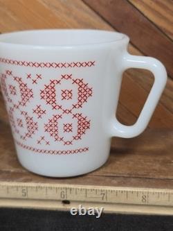 Vintage Pyrex Super Rare Cross Stitch Red Pattern Milk Glass Coffee Mug Cup
