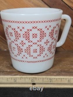 Vintage Pyrex Super Rare Cross Stitch Red Pattern Milk Glass Coffee Mug Cup