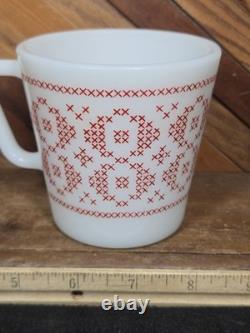 Vintage Pyrex Super Rare Cross Stitch Red Pattern Milk Glass Coffee Mug Cup