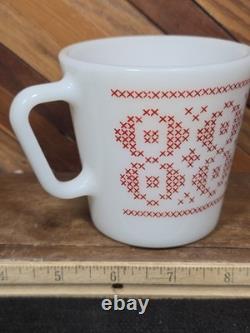 Vintage Pyrex Super Rare Cross Stitch Red Pattern Milk Glass Coffee Mug Cup