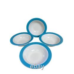 Vintage Pyrex Turquoise Blue Band White Milk Glass 9 Serving Bowls Set of 4