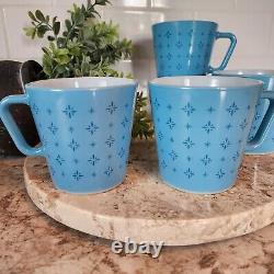 Vintage Pyrex Turquoise Blue Foulard Atomic Starburst D Handle Milk Glass Mugs