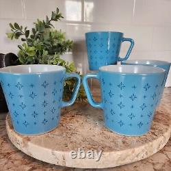 Vintage Pyrex Turquoise Blue Foulard Atomic Starburst D Handle Milk Glass Mugs