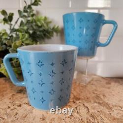 Vintage Pyrex Turquoise Blue Foulard Atomic Starburst D Handle Milk Glass Mugs