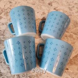 Vintage Pyrex Turquoise Blue Foulard Atomic Starburst D Handle Milk Glass Mugs