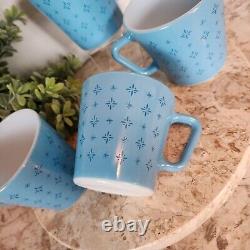 Vintage Pyrex Turquoise Blue Foulard Atomic Starburst D Handle Milk Glass Mugs