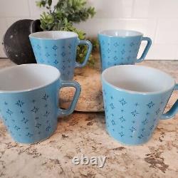 Vintage Pyrex Turquoise Blue Foulard Atomic Starburst D Handle Milk Glass Mugs