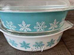 Vintage Pyrex Turquoise/white 2 1/2 qt Snowflake 2 Casserole Dish with Lid 045