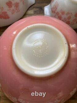 Vintage Pyrex White & Pink Gooseberry Nesting Mixing Bowl 4 Pc. Set