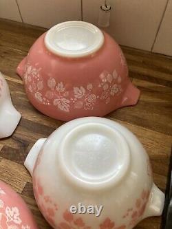 Vintage Pyrex White & Pink Gooseberry Nesting Mixing Bowl 4 Pc. Set