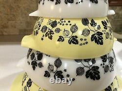 Vintage Pyrex Yellow, Black & White Gooseberry 4 pc Cinderella Nesting Bowl Set