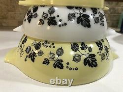 Vintage Pyrex Yellow, Black & White Gooseberry 4 pc Cinderella Nesting Bowl Set