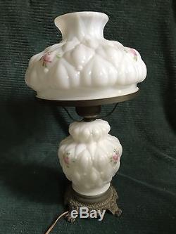 Vintage Quilted Milk Glass Pink Rose Gwtw Hurricane Lamp Top & Bottom Light Up