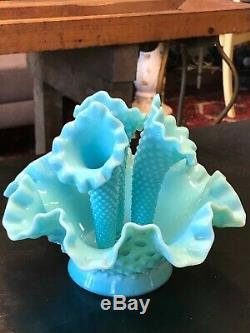 Vintage Rare Turquoise Fenton Milk Glass Hobnail Epergne Vase