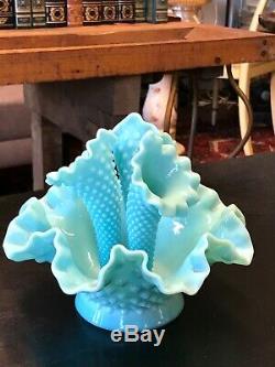 Vintage Rare Turquoise Fenton Milk Glass Hobnail Epergne Vase