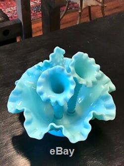Vintage Rare Turquoise Fenton Milk Glass Hobnail Epergne Vase