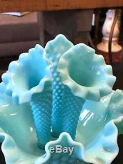 Vintage Rare Turquoise Fenton Milk Glass Hobnail Epergne Vase