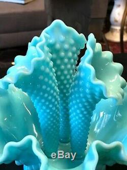 Vintage Rare Turquoise Fenton Milk Glass Hobnail Epergne Vase