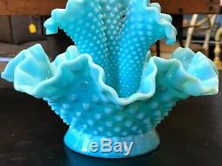 Vintage Rare Turquoise Fenton Milk Glass Hobnail Epergne Vase