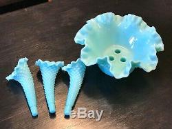 Vintage Rare Turquoise Fenton Milk Glass Hobnail Epergne Vase