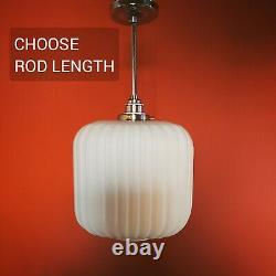 Vintage Reeded Opaline Milk Glass Modernist Cube Pendant Ceiling Light